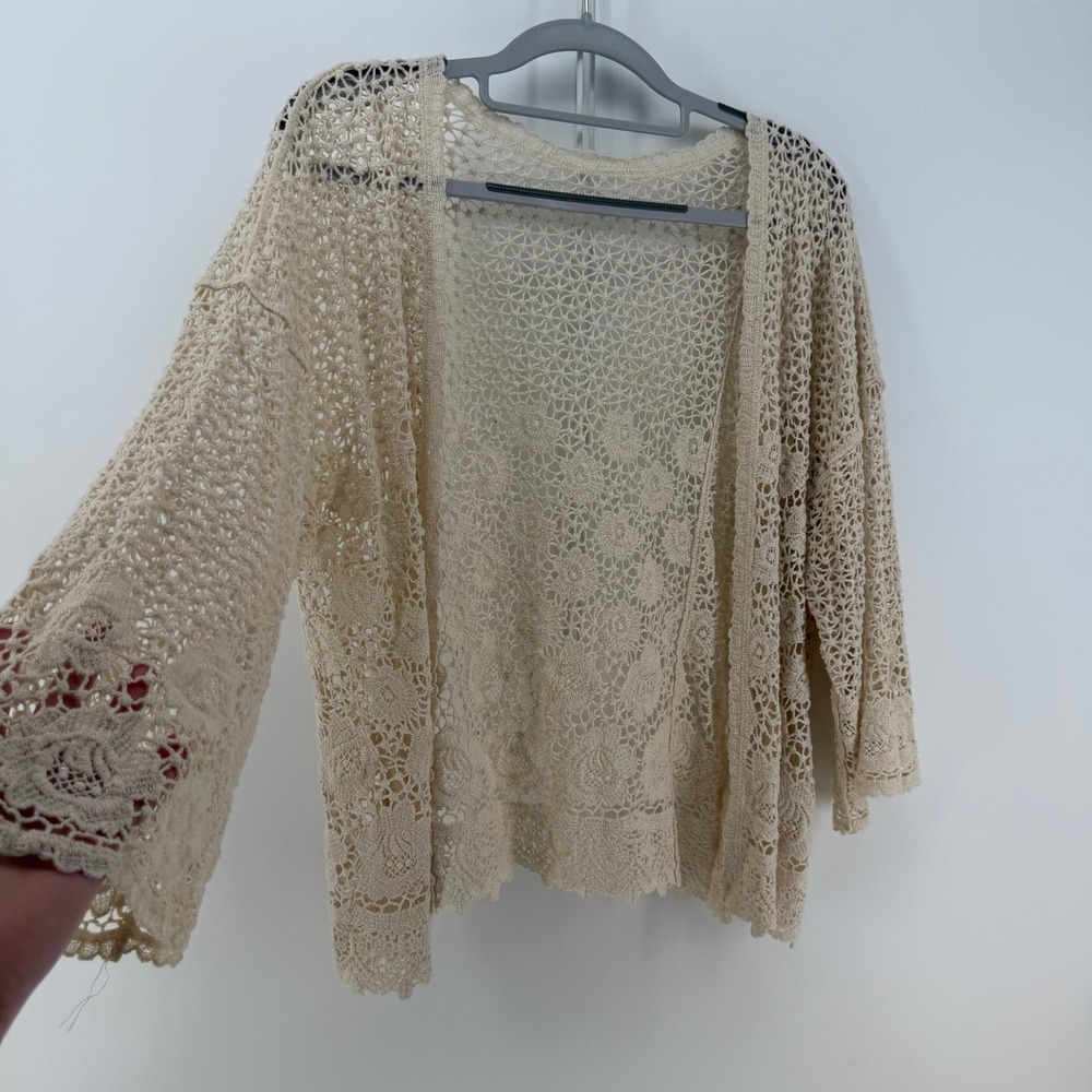 Crochet Cardigan Womens One Size Cream Floral Lace Boho Coastal Cottagecore Airy